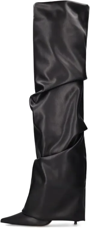 THESHY Women's Fold Over Boots Thigh High Over The Knee Boots Pointed Toe Stiletto High Heel Leather Boots Pull-on Fashion Dress Shoes