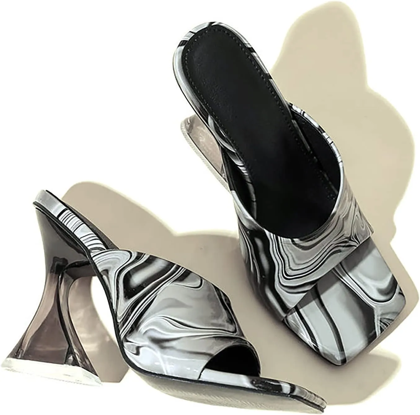 Thick Sole Sandals for Women Fashion Summer Women Sandals Chunky Heels High Heels Square Toe Transparent Heels Party Banquet Nightclub Style (Black, 9)