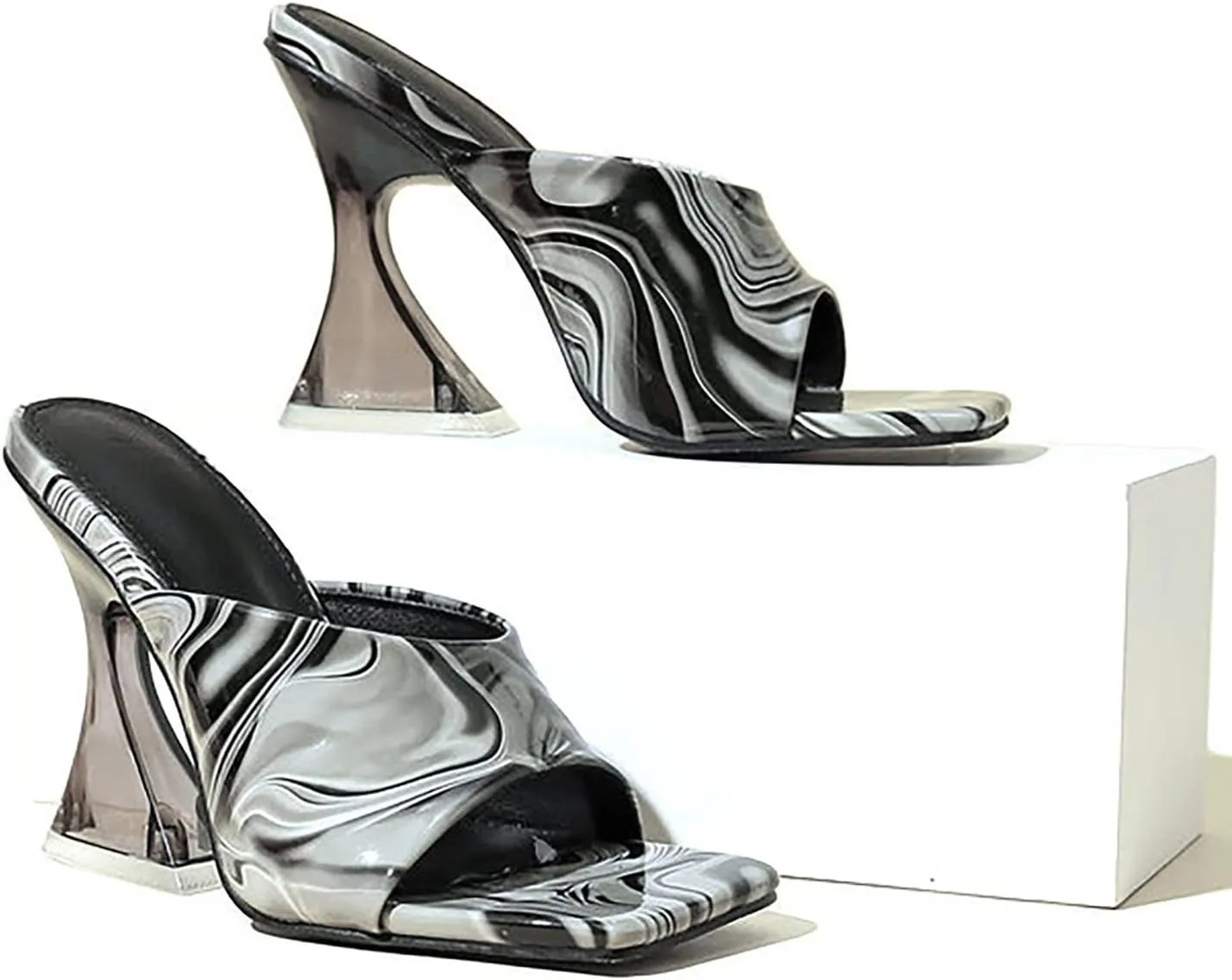 Thick Sole Sandals for Women Fashion Summer Women Sandals Chunky Heels High Heels Square Toe Transparent Heels Party Banquet Nightclub Style (Black, 9)