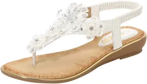 Thong Sandals for Women Beach,Bohemia Floral Flat Sandals T-Strap Summer Beach Glitter Beaded Elastic Flip-Flop Thong Shoes