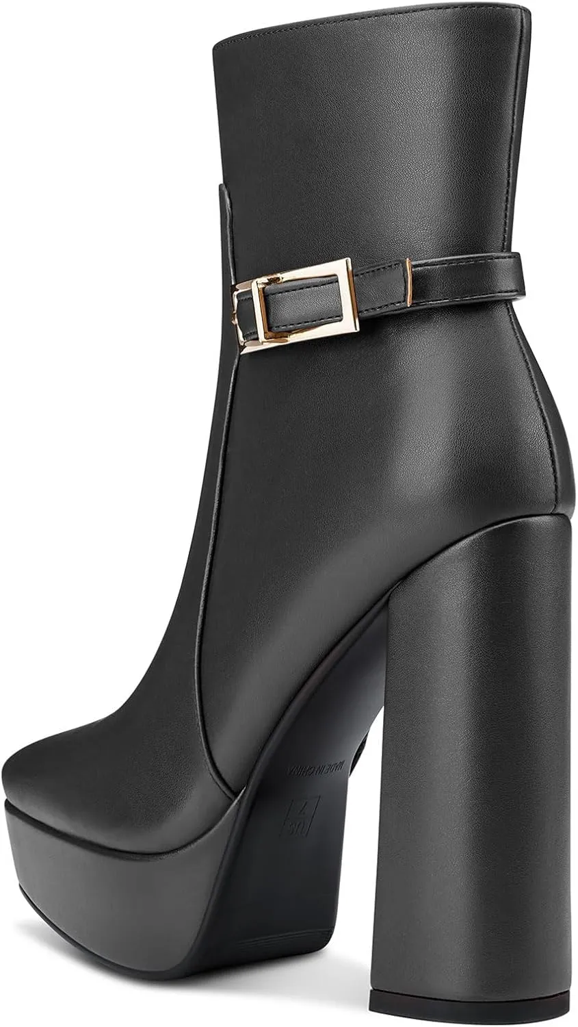 TNYNFBEB Womens Chunky Block High Platform Heel Square Toe Ankle Boots Short Bootie Boots Zipper Buckle Prom Party Dress 5.3 Inches Heels