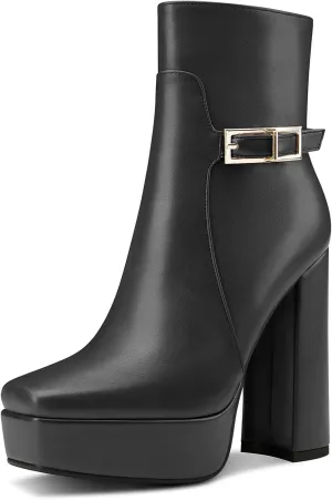 TNYNFBEB Womens Chunky Block High Platform Heel Square Toe Ankle Boots Short Bootie Boots Zipper Buckle Prom Party Dress 5.3 Inches Heels