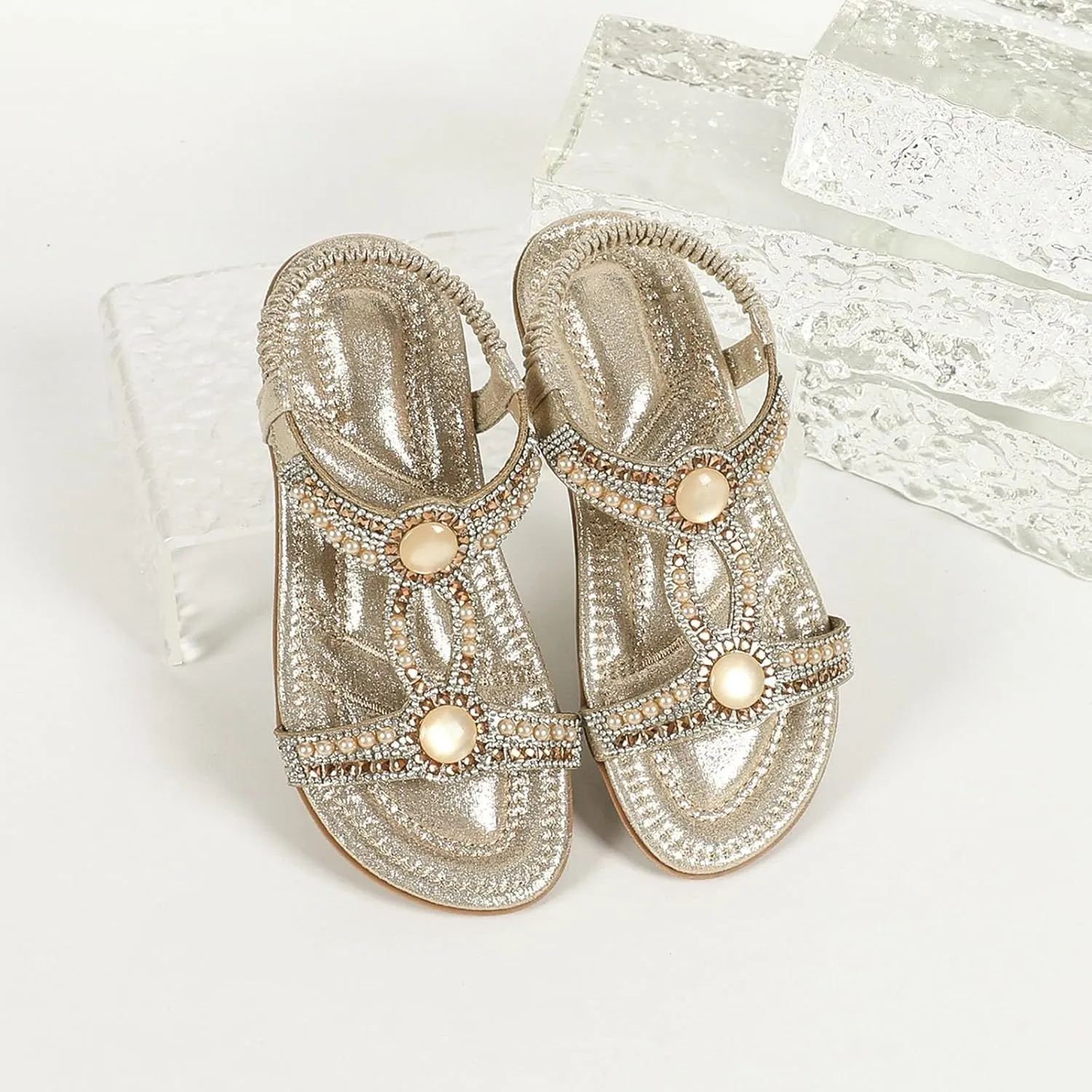 Toddler Girls Glitter Flat Wide Sandals Pearl Open Toe Strap Barefoot Shoes Kids Baby Formal Birthday Elegant Sandals