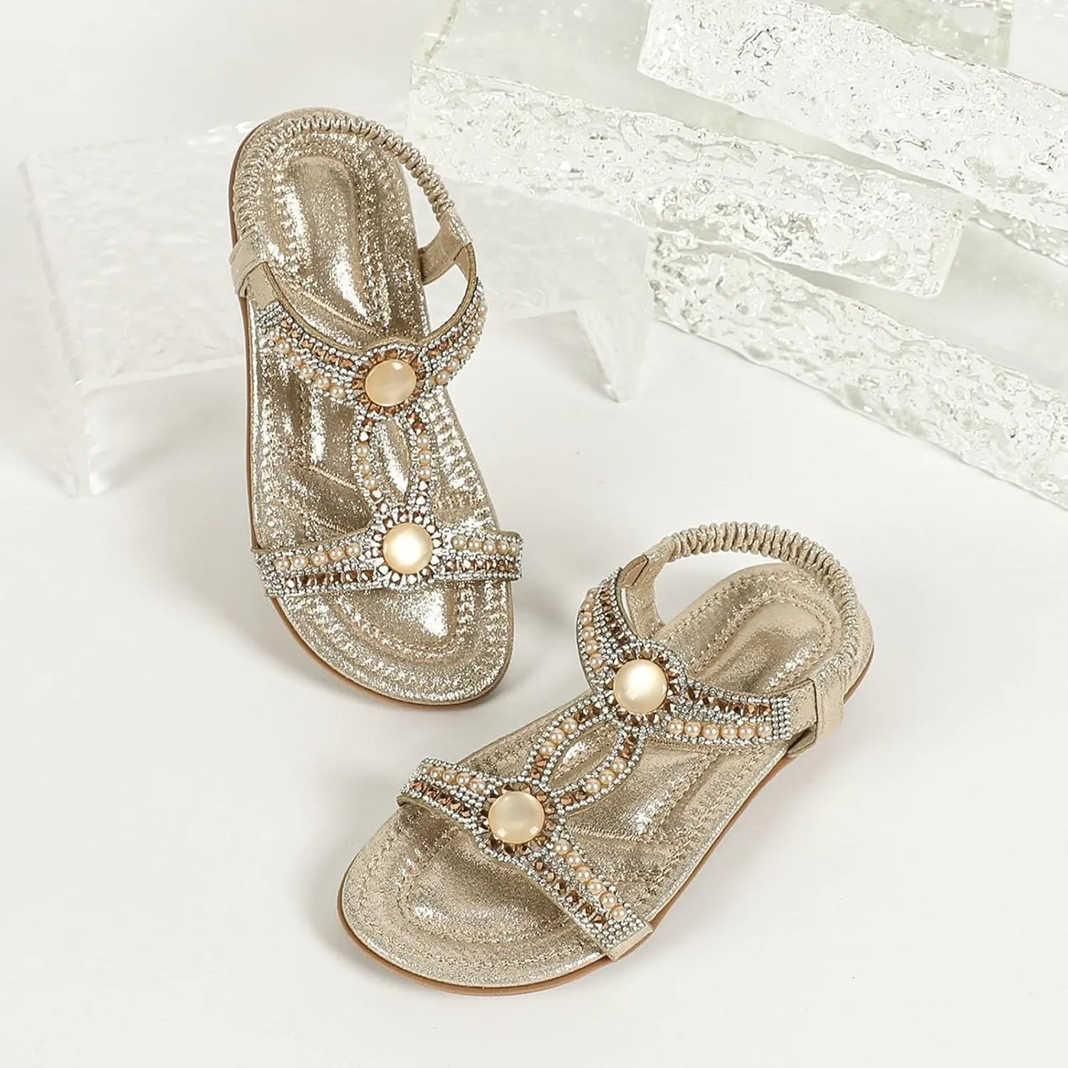 Toddler Girls Glitter Flat Wide Sandals Pearl Open Toe Strap Barefoot Shoes Kids Baby Formal Birthday Elegant Sandals