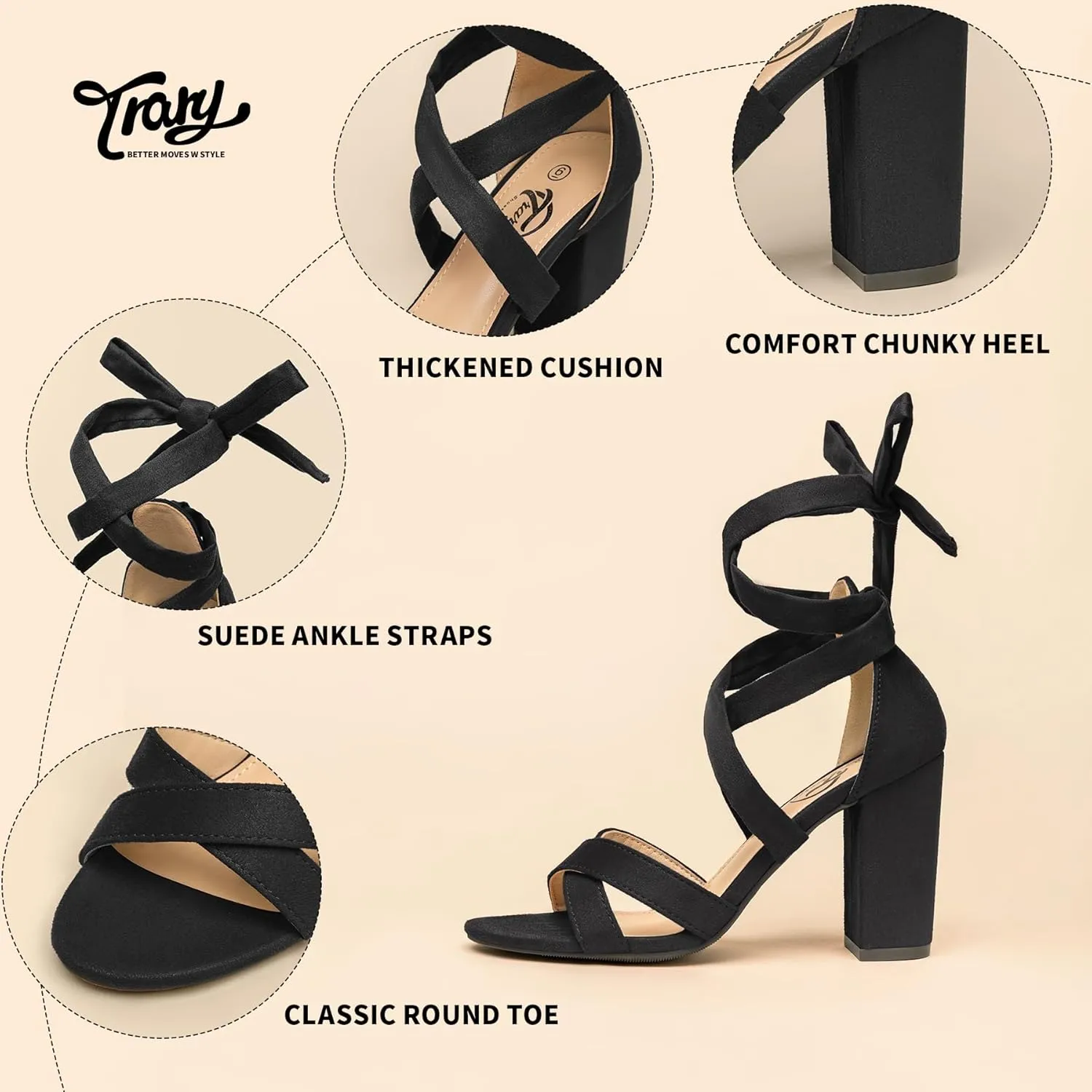 Trary Black Lace Up Pink Nude Heels: Women's Strappy Comfortable High Platform Sandals, Chunky 3 Inch