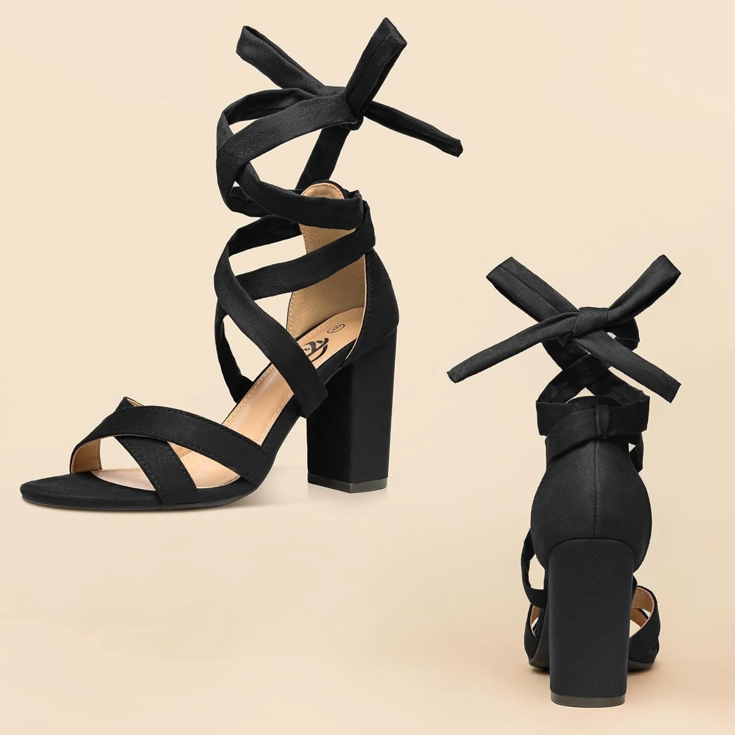 Trary Black Lace Up Pink Nude Heels: Women's Strappy Comfortable High Platform Sandals, Chunky 3 Inch
