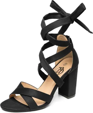 Trary Black Lace Up Pink Nude Heels: Women's Strappy Comfortable High Platform Sandals, Chunky 3 Inch