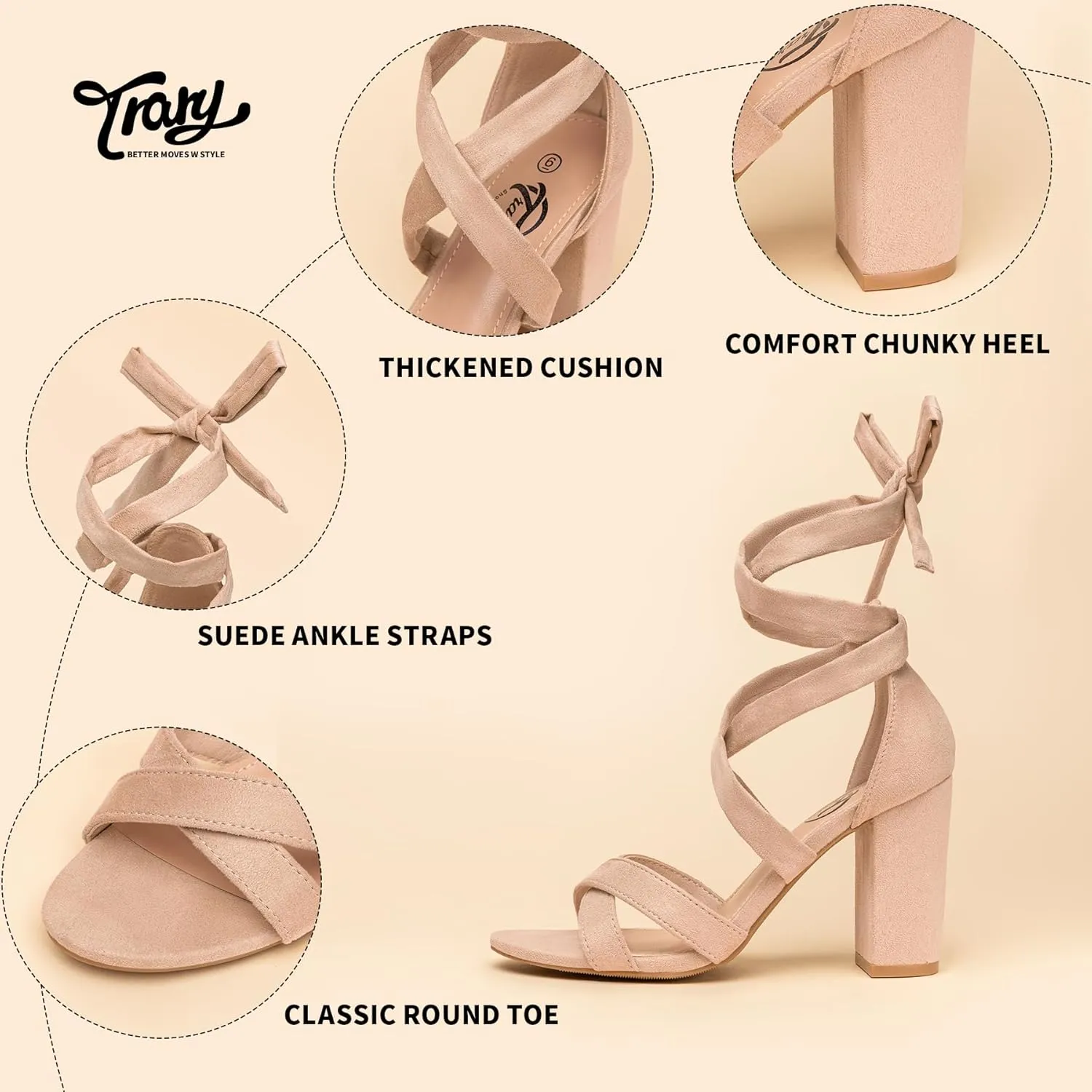 Trary Black Lace Up Pink Nude Heels: Women's Strappy Comfortable High Platform Sandals, Chunky 3 Inch