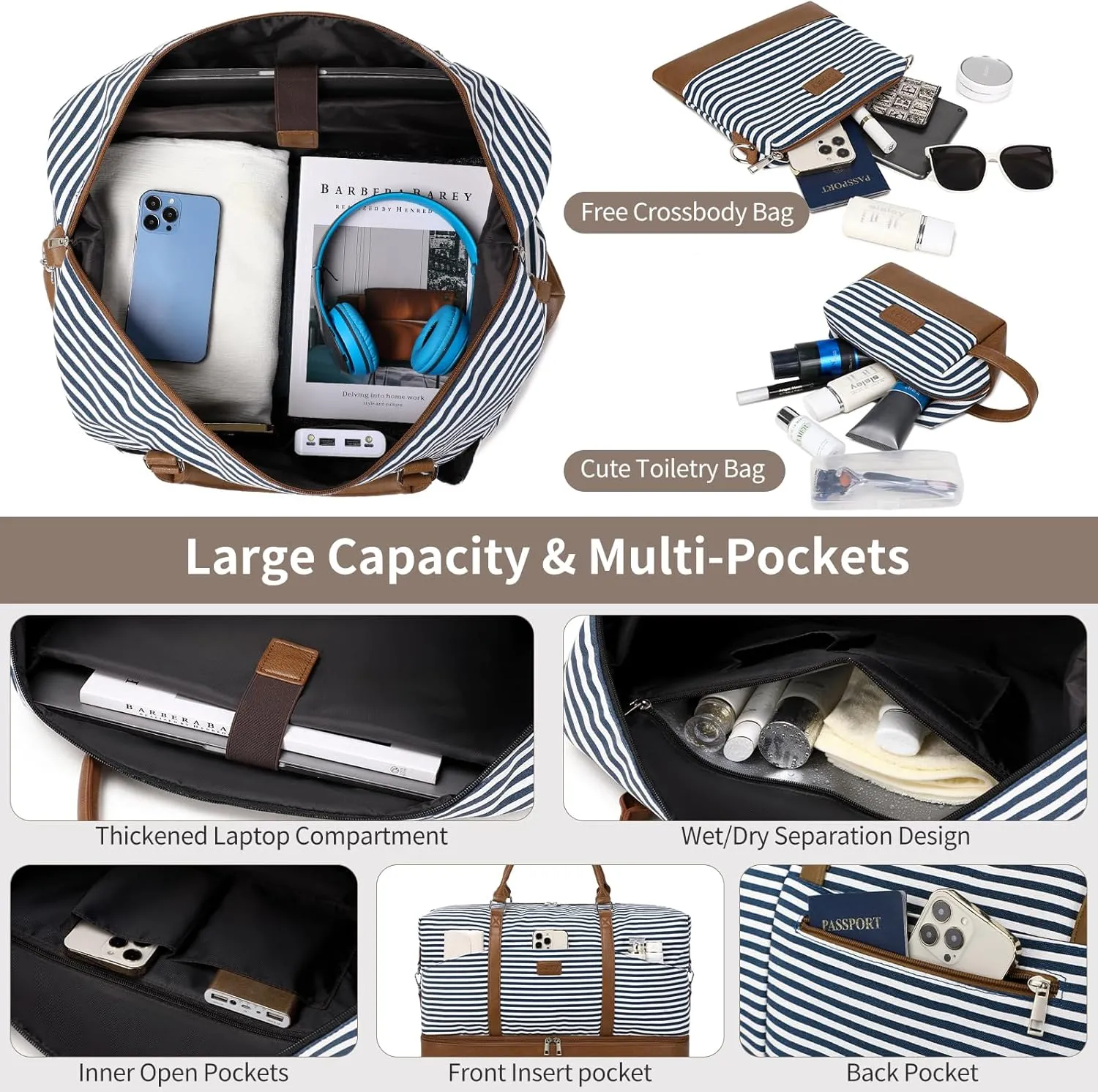 Travel Bag for Women: 21" Large Weekender Bags for Women with Shoe Compartment & Toiletry Bags, 3PCS Overnight Duffel Tote for Carry on Weekend Travel Business Trip Airplane Traveling, Gym