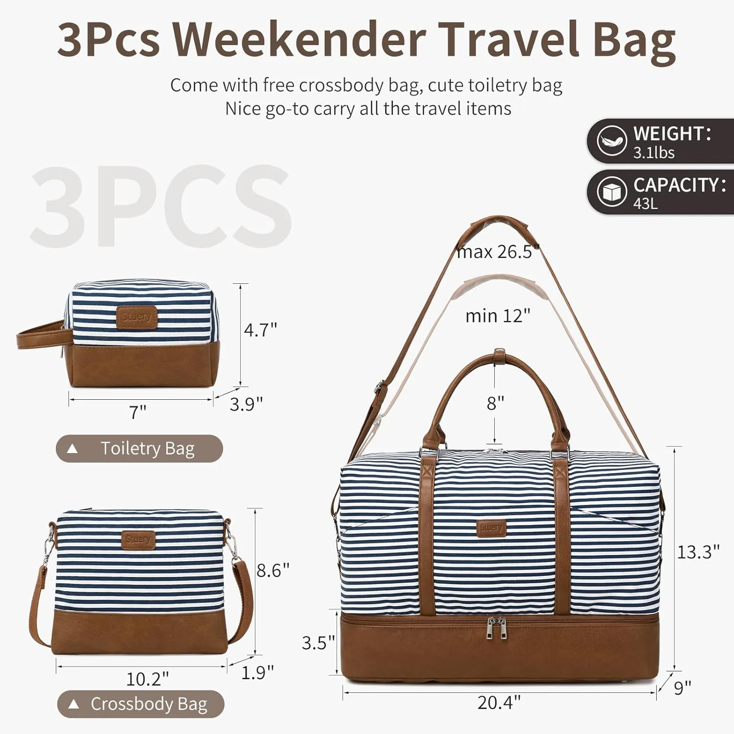 Travel Bag for Women: 21" Large Weekender Bags for Women with Shoe Compartment & Toiletry Bags, 3PCS Overnight Duffel Tote for Carry on Weekend Travel Business Trip Airplane Traveling, Gym