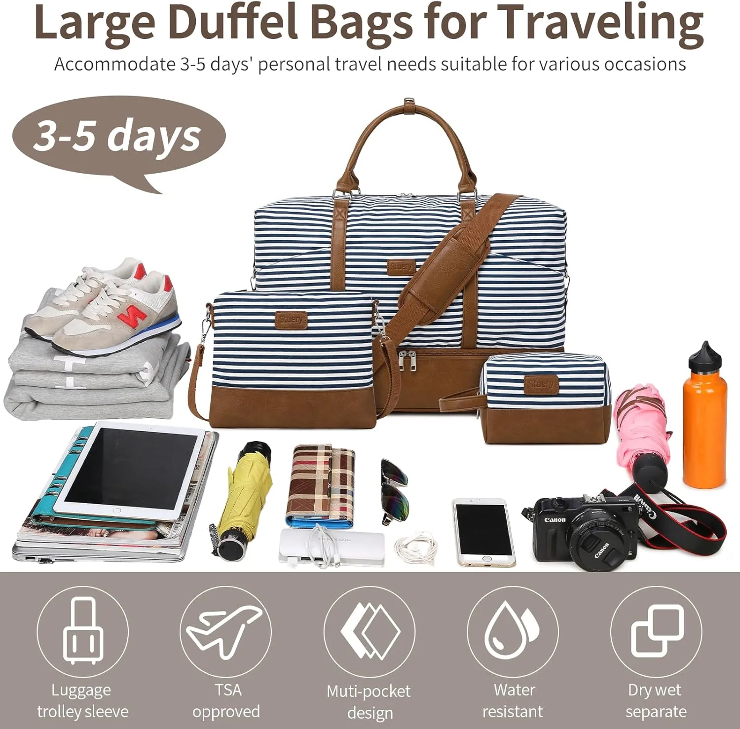 Travel Bag for Women: 21" Large Weekender Bags for Women with Shoe Compartment & Toiletry Bags, 3PCS Overnight Duffel Tote for Carry on Weekend Travel Business Trip Airplane Traveling, Gym