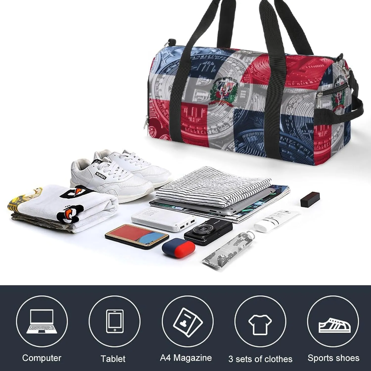 Travel Duffel with Dominican Flag Bitcoin Shoe Compartment for Gym Beach and Sports