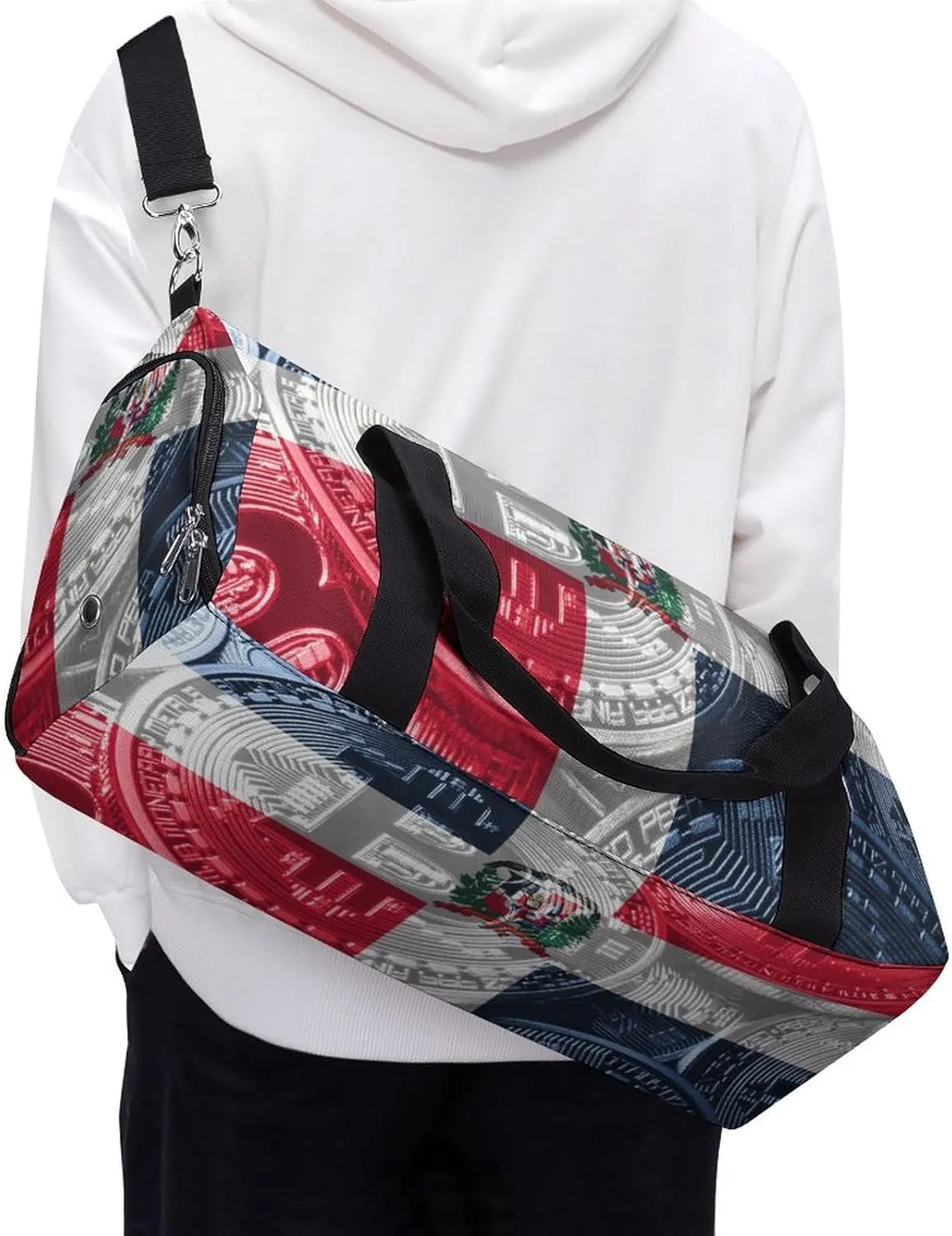 Travel Duffel with Dominican Flag Bitcoin Shoe Compartment for Gym Beach and Sports