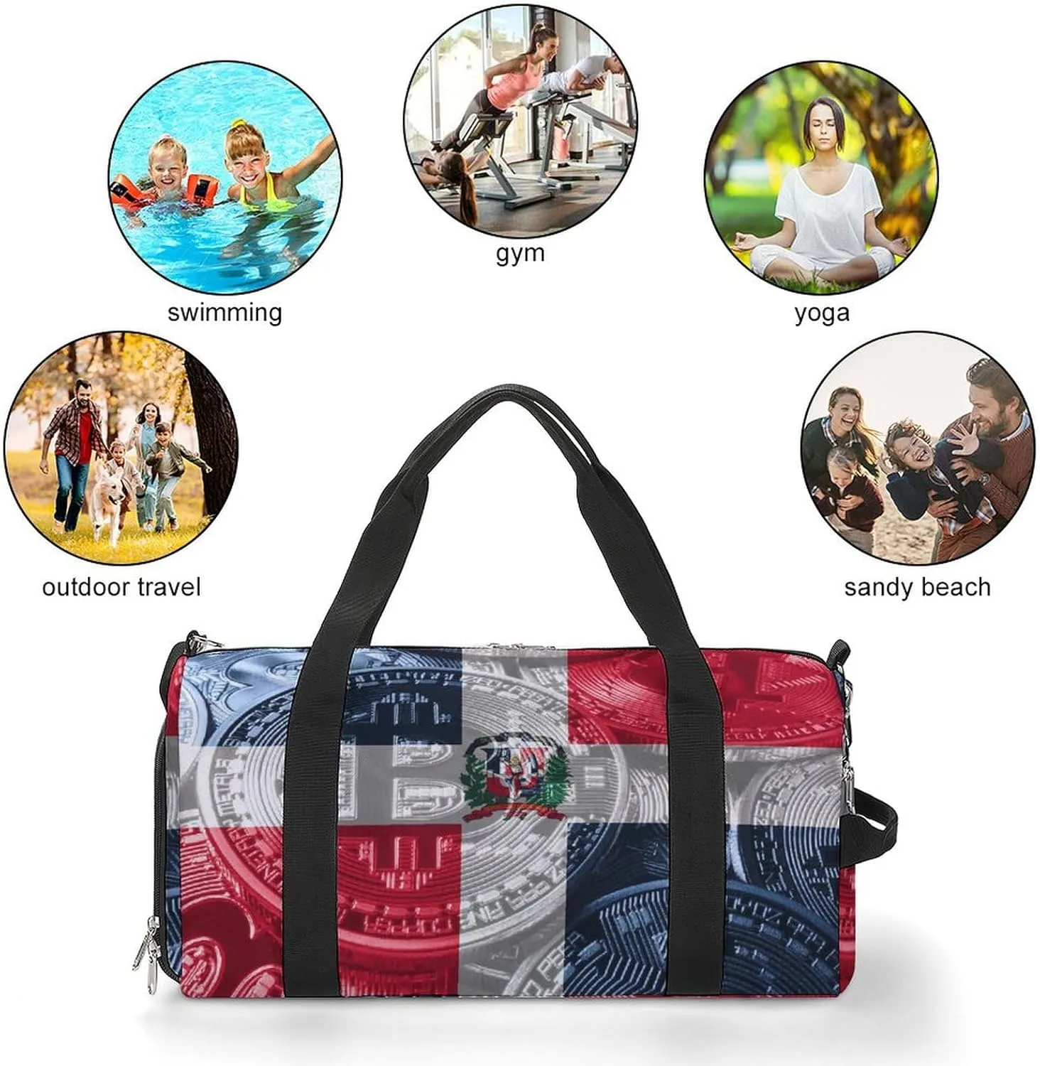 Travel Duffel with Dominican Flag Bitcoin Shoe Compartment for Gym Beach and Sports
