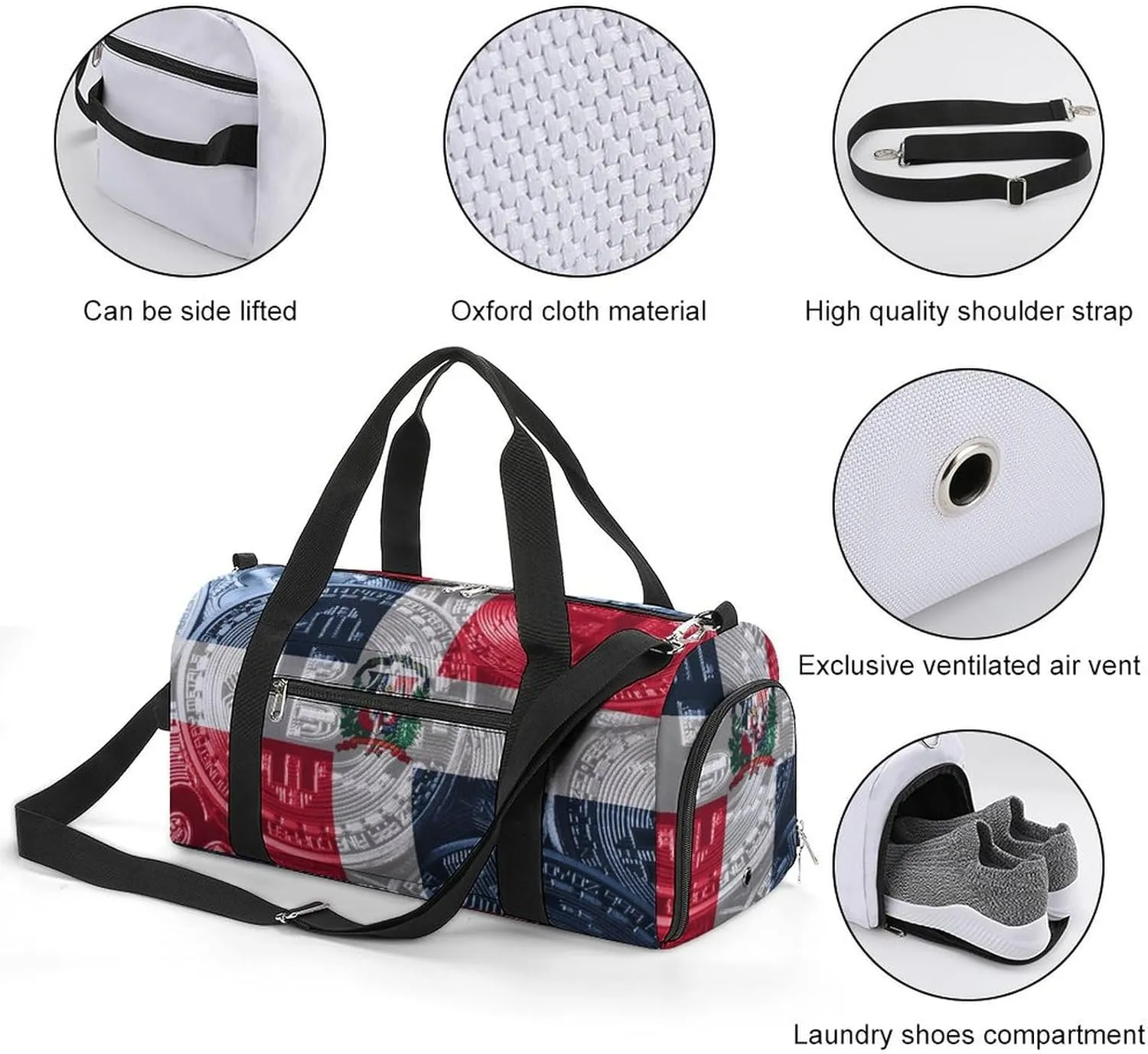 Travel Duffel with Dominican Flag Bitcoin Shoe Compartment for Gym Beach and Sports