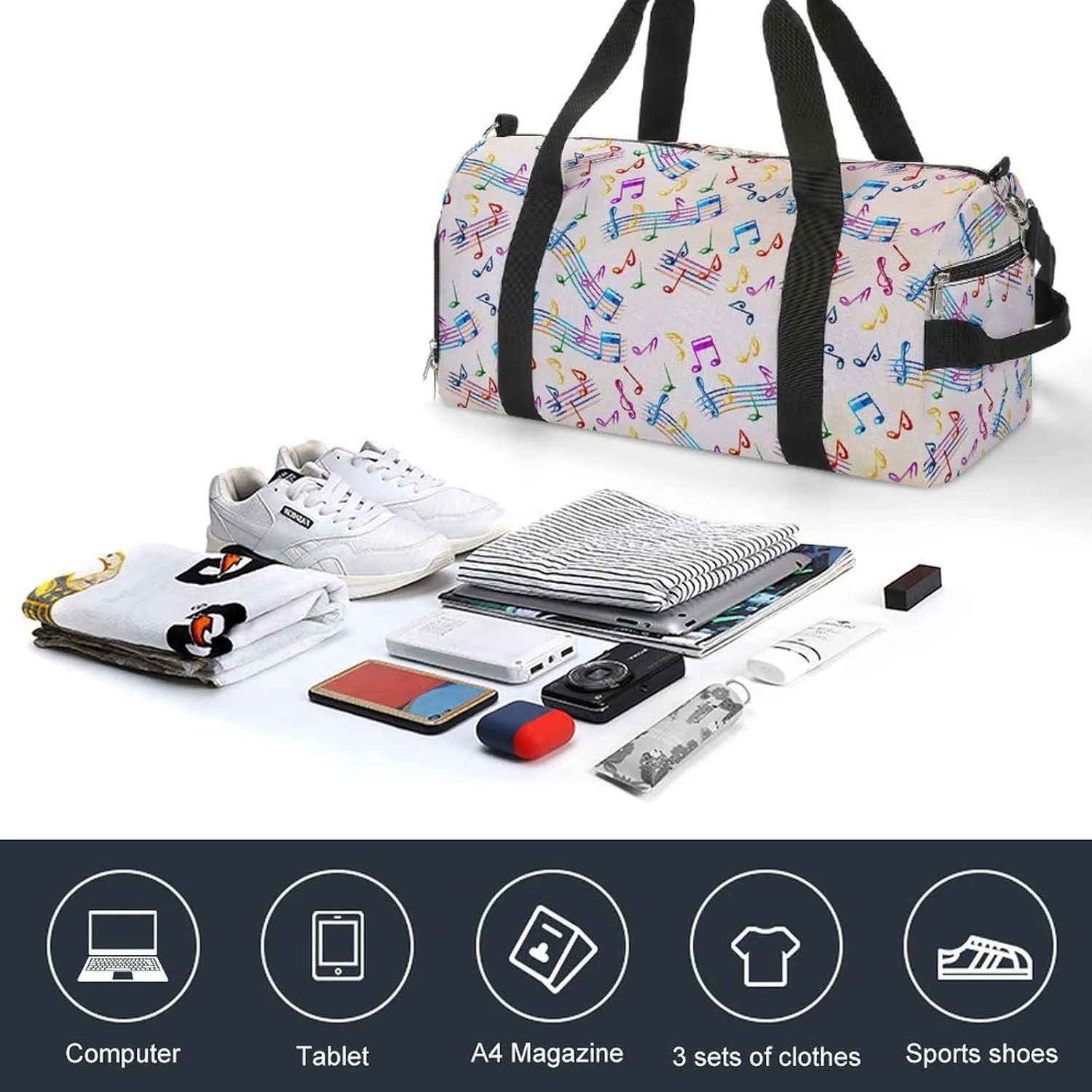 Travel Gym Bag with Musical with Staves Pattern for Men Women Shoe Compartment Weekender