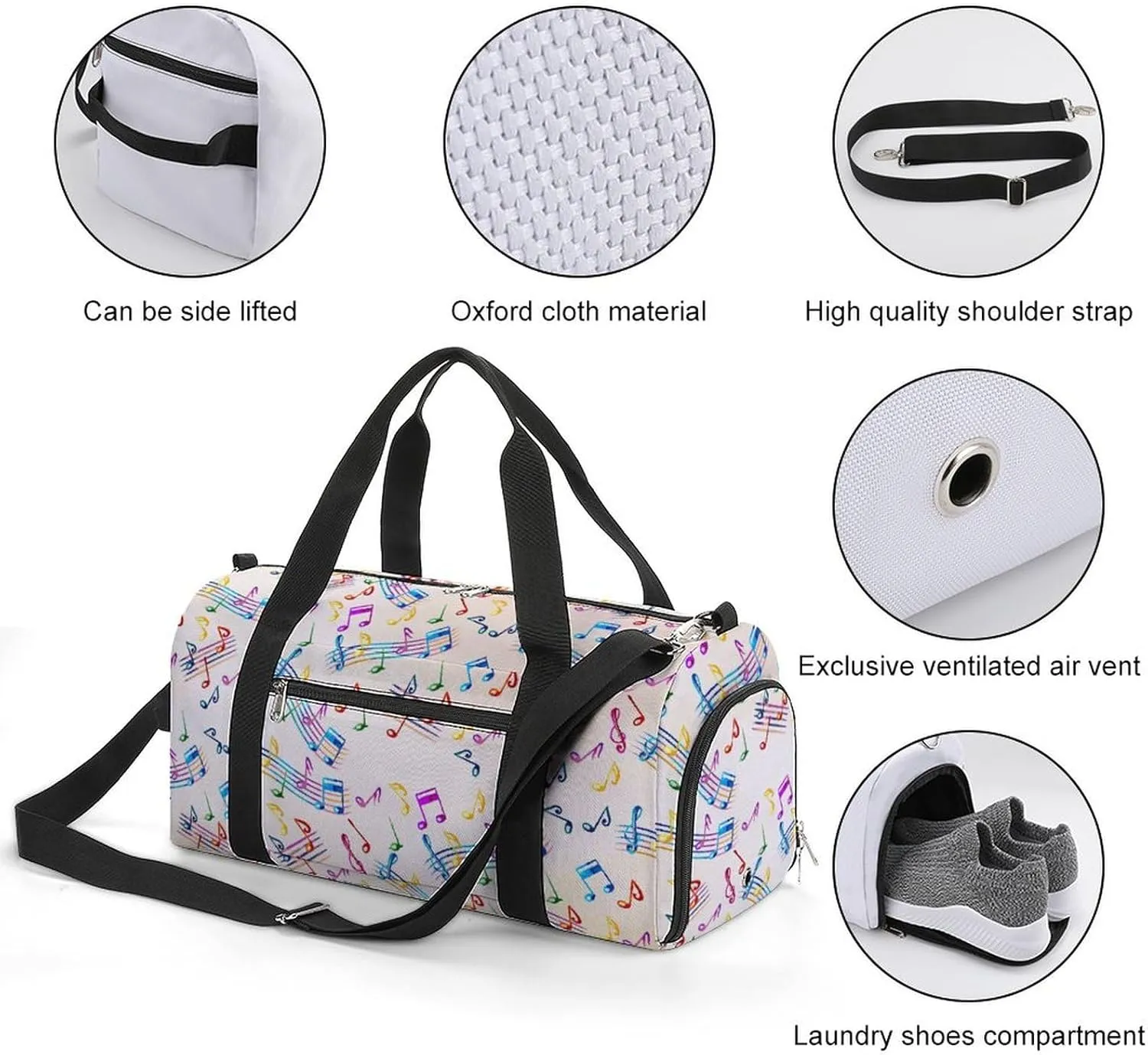Travel Gym Bag with Musical with Staves Pattern for Men Women Shoe Compartment Weekender