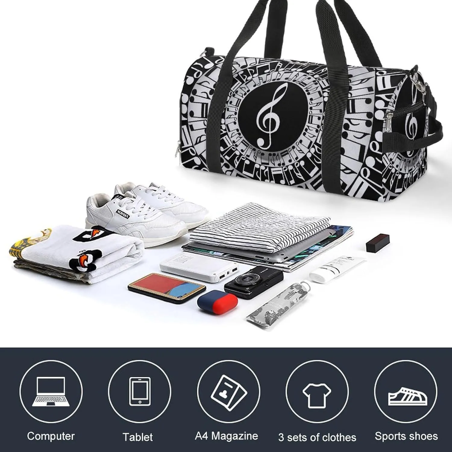 Travel Gym Bag with Treble Clef Circle Print for Men Women Shoe Compartment Weekender