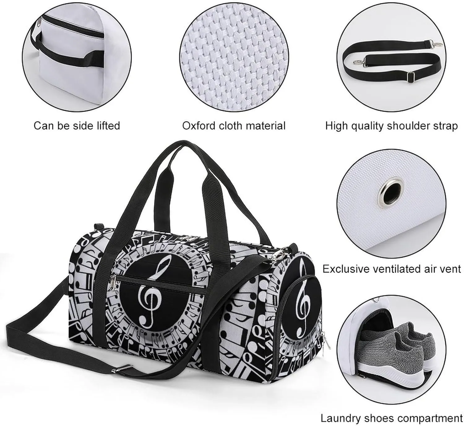 Travel Gym Bag with Treble Clef Circle Print for Men Women Shoe Compartment Weekender