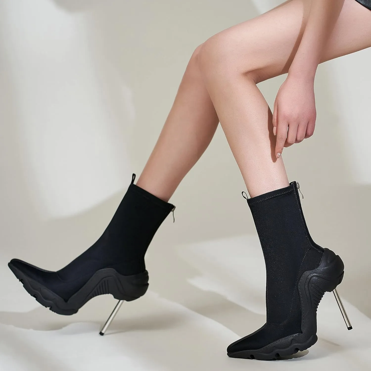 Tsrenlmln Women's Ankle Boots High Heel Boots for Women Stiletto Heel Boots Fashion Pointed Toe Ankle Booties for Women Womens Elastic Fabric 8cm Heel Pull-On High Heel Booties