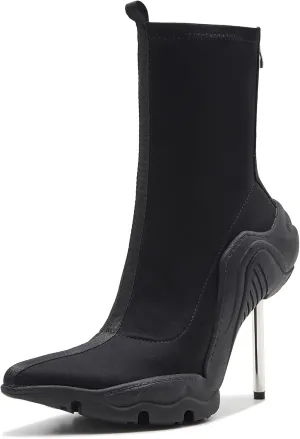 Tsrenlmln Women's Ankle Boots High Heel Boots for Women Stiletto Heel Boots Fashion Pointed Toe Ankle Booties for Women Womens Elastic Fabric 8cm Heel Pull-On High Heel Booties