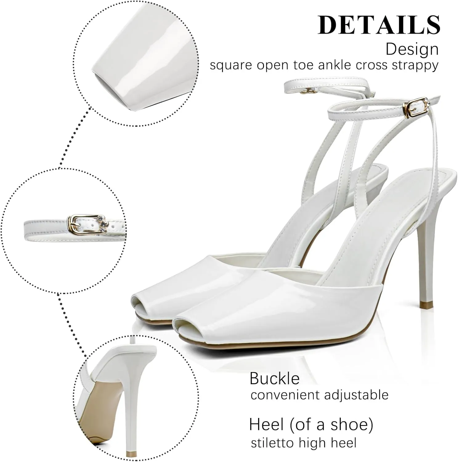UBWDU Womens Peep Toe Heels Square Open Toe Ankle Strap Stiletto High Heel Sandals Dress Party Fashion Shoes