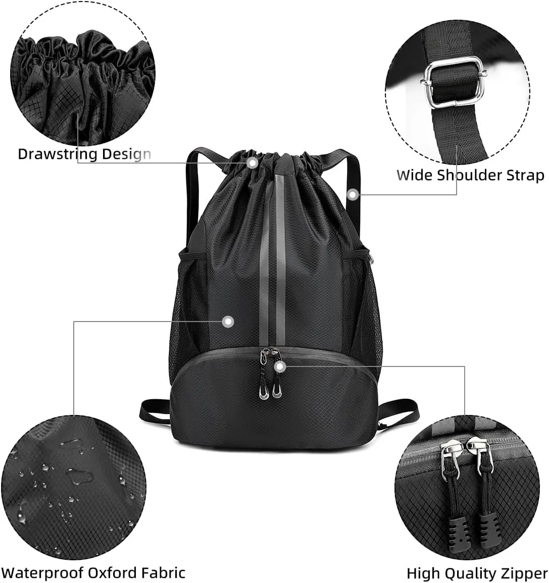 Valleycomfy Sports Drawstring Backpack - Water Resistant String Bag with Side Mesh Pockets Shoe Compartment Gym Backpack for Women & Men Black