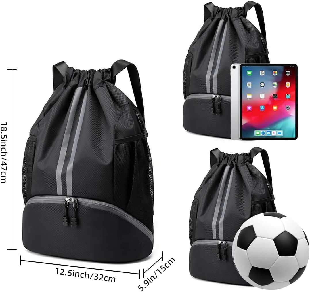 Valleycomfy Sports Drawstring Backpack - Water Resistant String Bag with Side Mesh Pockets Shoe Compartment Gym Backpack for Women & Men Black