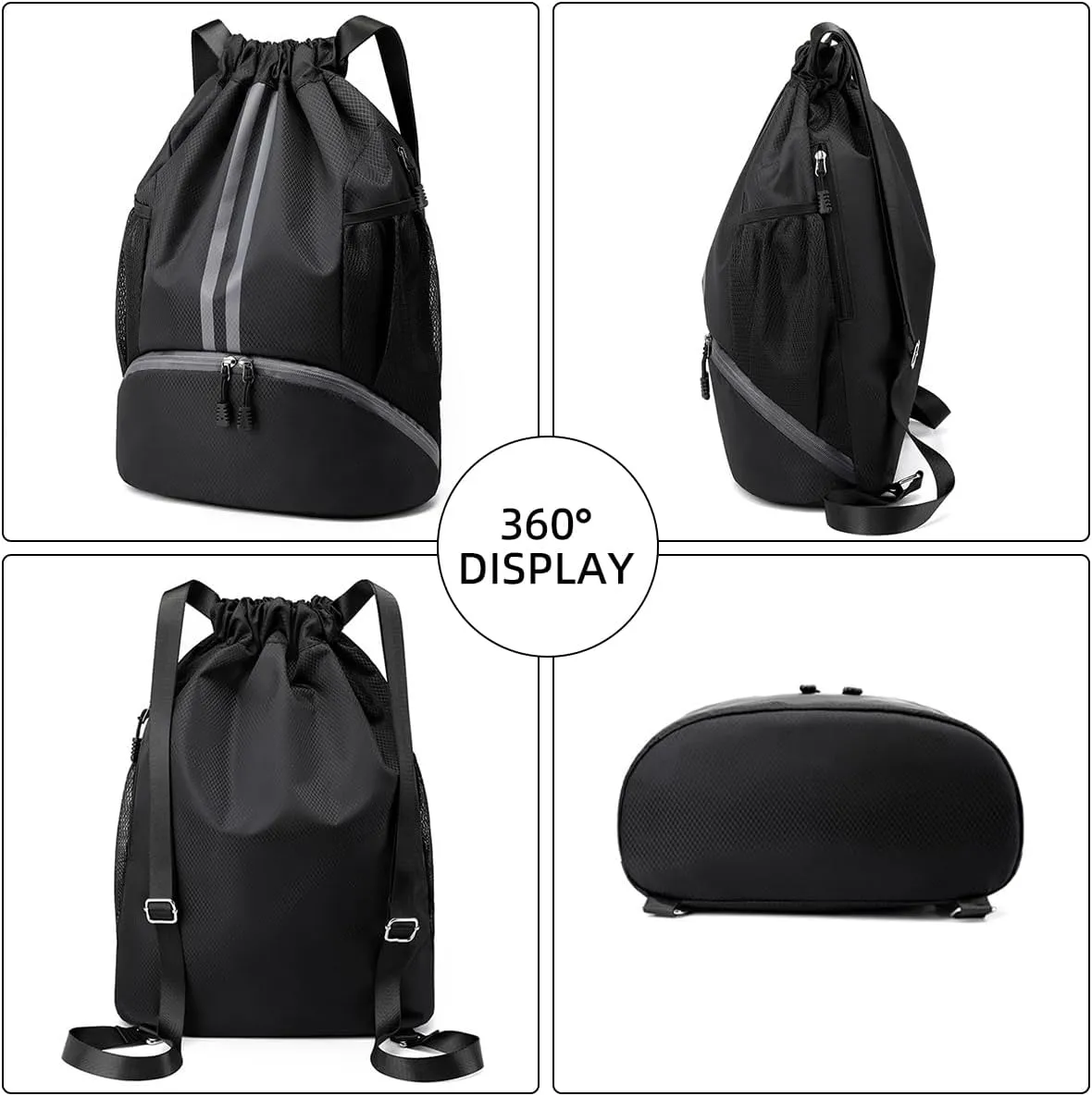 Valleycomfy Sports Drawstring Backpack - Water Resistant String Bag with Side Mesh Pockets Shoe Compartment Gym Backpack for Women & Men Black