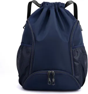 Valleycomfy Sports Gym Bag Drawstring Backpack with Shoes Basketball Bag and Two Water Bottle Holder,Drawstring Backpack for Beach, Pool and Travel,Dark Blue