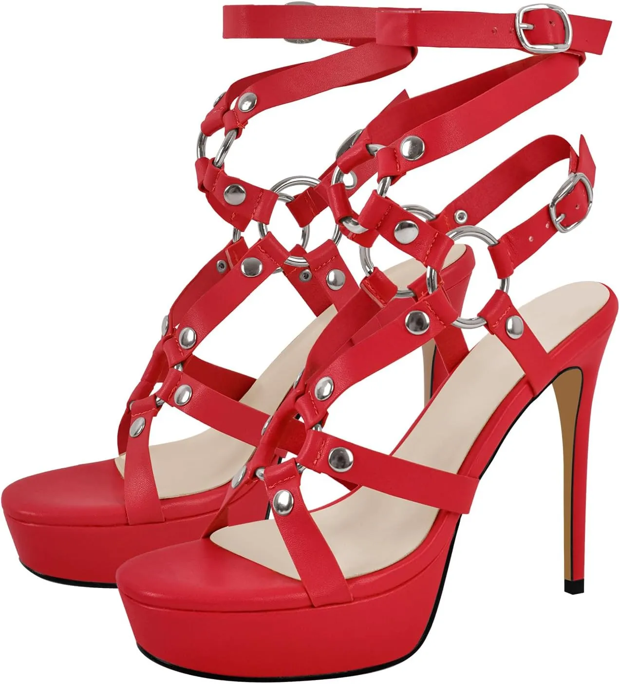 VERISSON Women's Grommets Stiletto Sandals Platform Open-back High Heels Cross Bands Open Toe Buckle-up Ankle Sandals Party Dressing