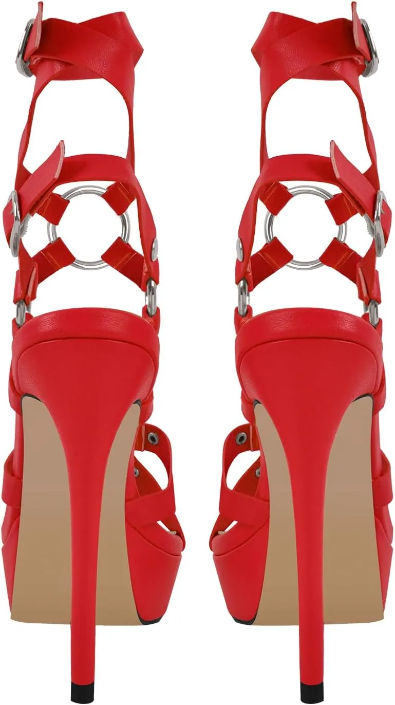 VERISSON Women's Grommets Stiletto Sandals Platform Open-back High Heels Cross Bands Open Toe Buckle-up Ankle Sandals Party Dressing