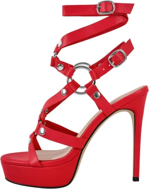 VERISSON Women's Grommets Stiletto Sandals Platform Open-back High Heels Cross Bands Open Toe Buckle-up Ankle Sandals Party Dressing