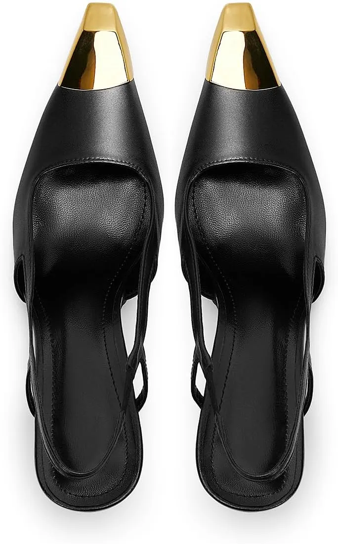Vertundy Slingback Heels for Women Metal Pointed Toe Stiletto High Heel Pumps Slip On Shoes Geometric Heel