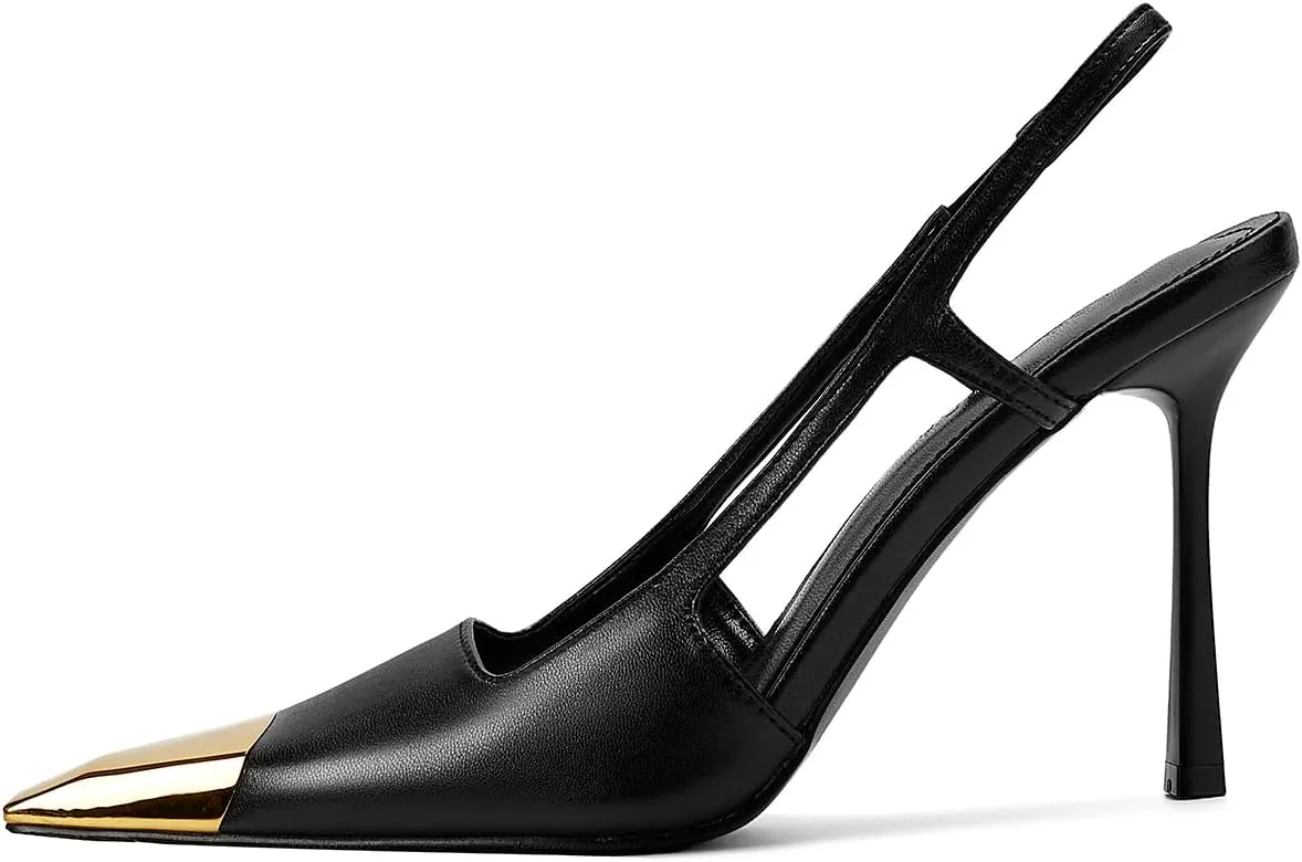 Vertundy Slingback Heels for Women Metal Pointed Toe Stiletto High Heel Pumps Slip On Shoes Geometric Heel