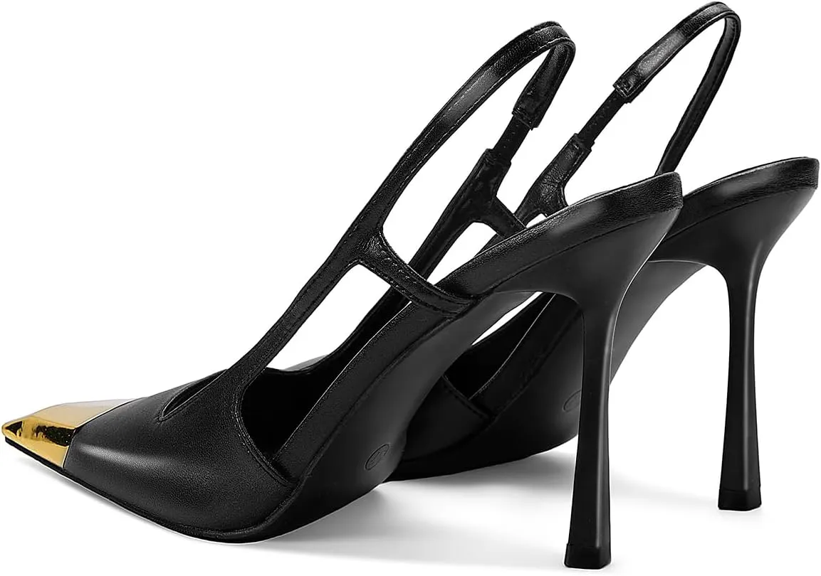 Vertundy Slingback Heels for Women Metal Pointed Toe Stiletto High Heel Pumps Slip On Shoes Geometric Heel