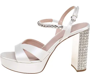Vertundy Women's Platform Chunky Sandals Satin Crystal Sparkly High Heels Square Open Toe Ankle Strap Buckles Pumps for Wedding Party