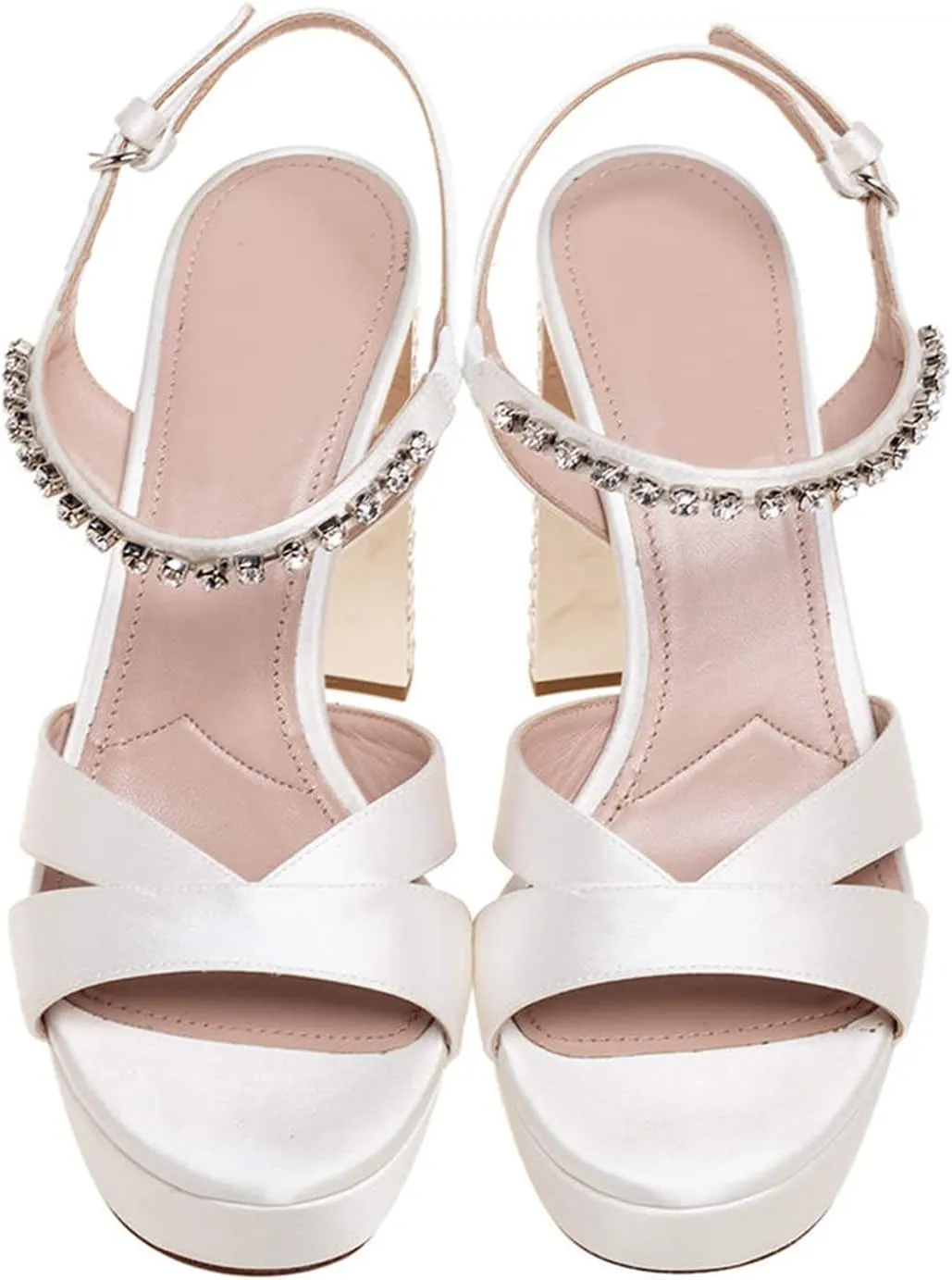Vertundy Women's Platform Chunky Sandals Satin Crystal Sparkly High Heels Square Open Toe Ankle Strap Buckles Pumps for Wedding Party