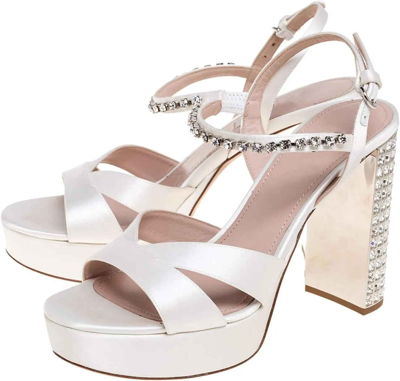 Vertundy Women's Platform Chunky Sandals Satin Crystal Sparkly High Heels Square Open Toe Ankle Strap Buckles Pumps for Wedding Party