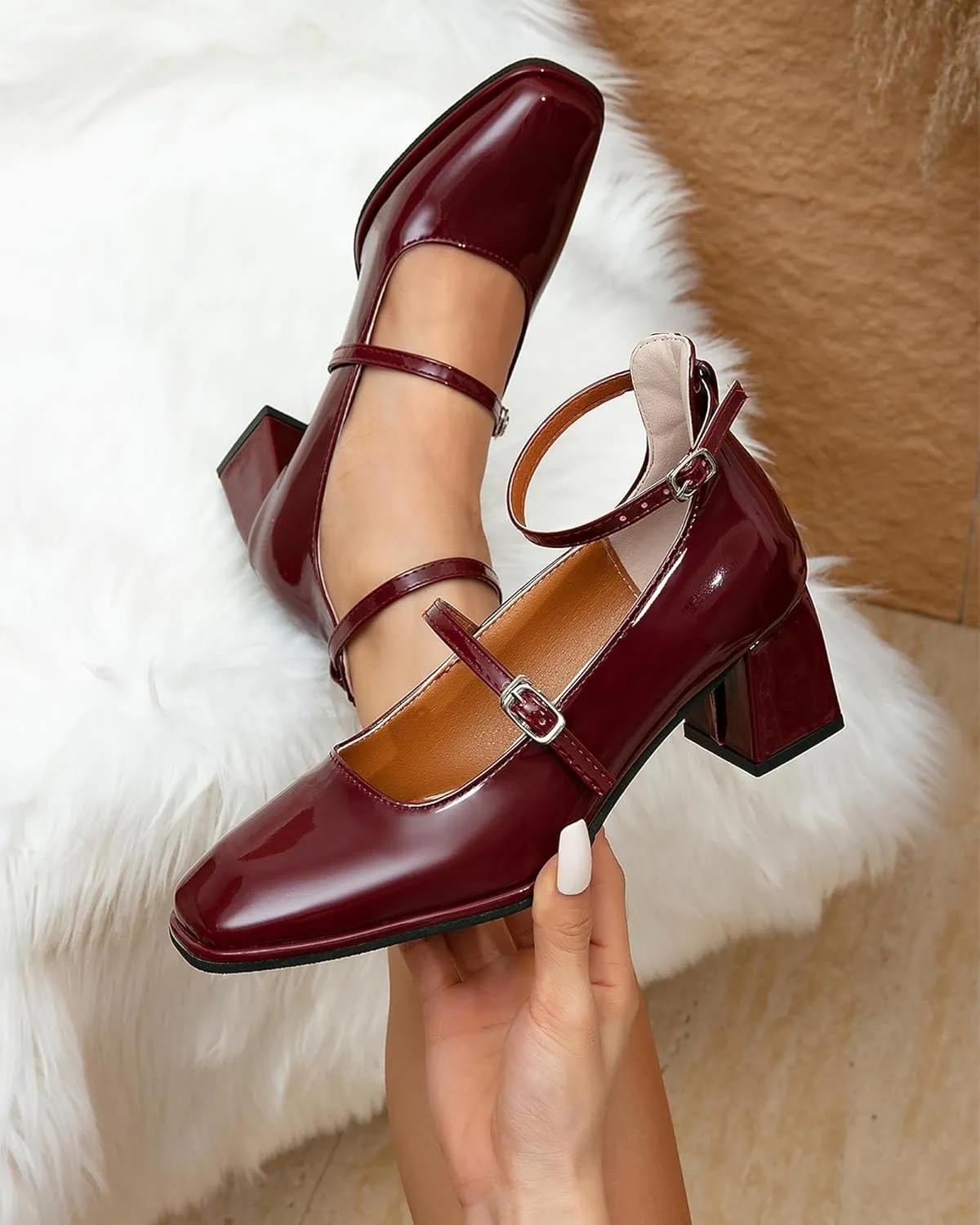 Vintage Patent Mary Jane Pumps, Women's Chunky Heel