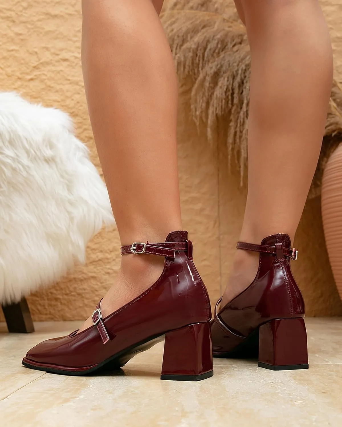 Vintage Patent Mary Jane Pumps, Women's Chunky Heel