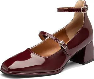Vintage Patent Mary Jane Pumps, Women's Chunky Heel