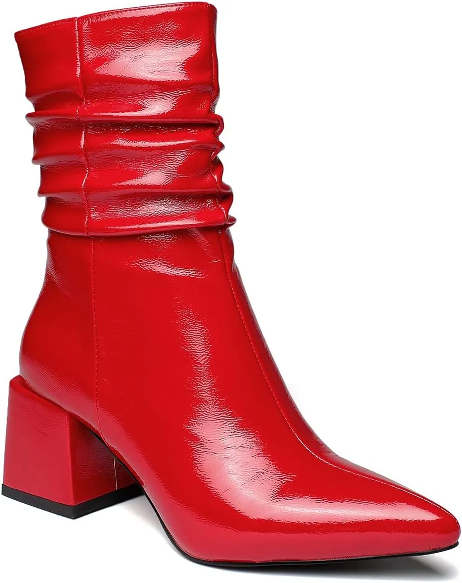 vivianly Pointed Toe Ankle Boot Mid-Calf Boots Chunky Block Heel Booties for Women