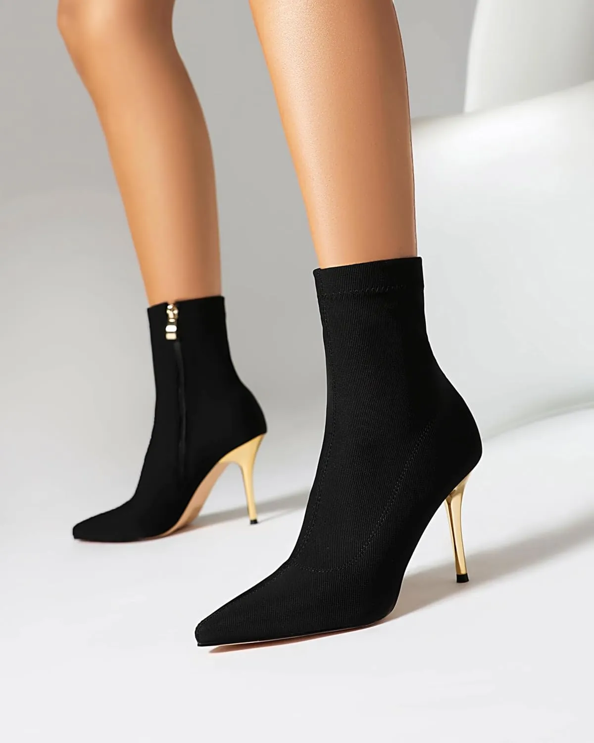 vivianly Stretch Pointed Toe Sock Booties Mid-Calf Ankle Boot Stiletto Heel Boots for Women