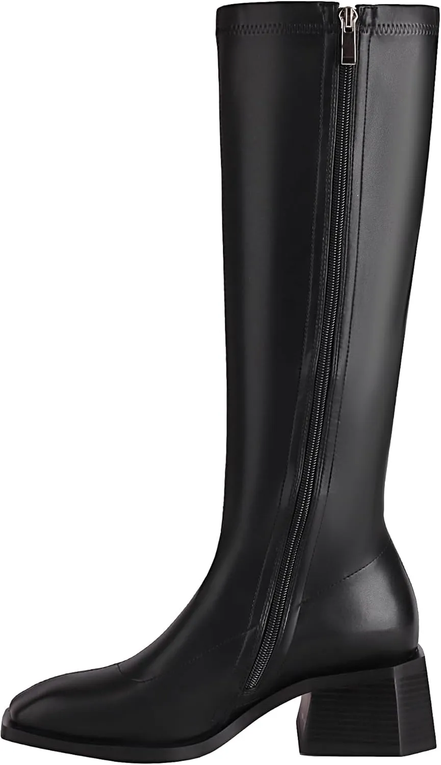vivianly Women's Fashion Knee High Boots Chunky Block Heel Square Toe Zipper Long Boot