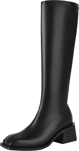 vivianly Women's Fashion Knee High Boots Chunky Block Heel Square Toe Zipper Long Boot