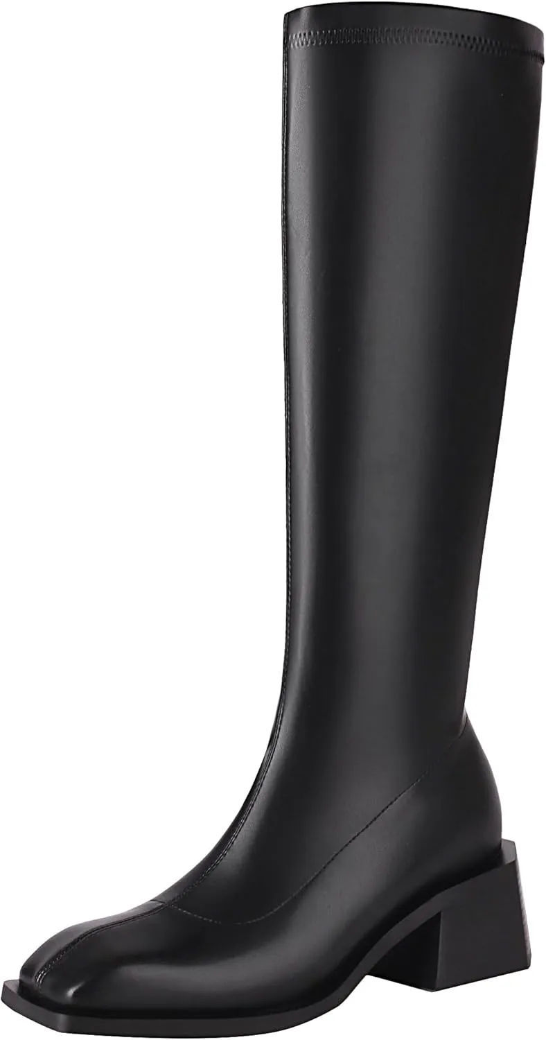 vivianly Women's Fashion Knee High Boots Chunky Block Heel Square Toe Zipper Long Boot