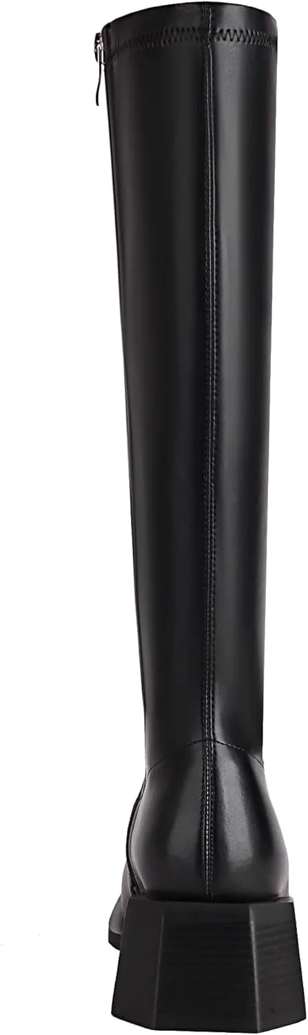 vivianly Women's Fashion Knee High Boots Chunky Block Heel Square Toe Zipper Long Boot