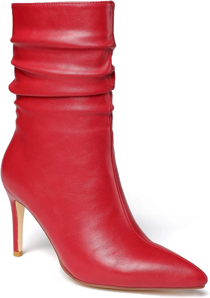 vivianly Womens Pointed Toe Heel Boots Stiletto Heels Mid-Calf Boots Zipper Booties