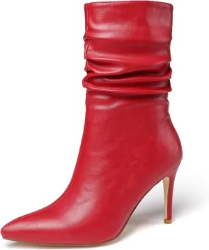 vivianly Womens Pointed Toe Heel Boots Stiletto Heels Mid-Calf Boots Zipper Booties